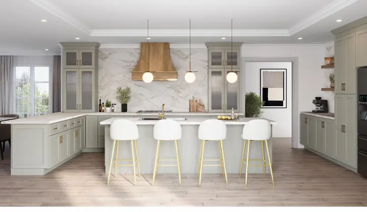 Design rendering of a Shaker Moss kitchen — study cover